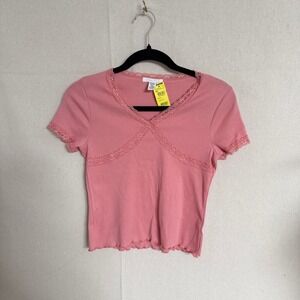 Full Tilt Girls Pink Ribbed Lace Trim V-Neck Short Sleeve Top Size XL NWT